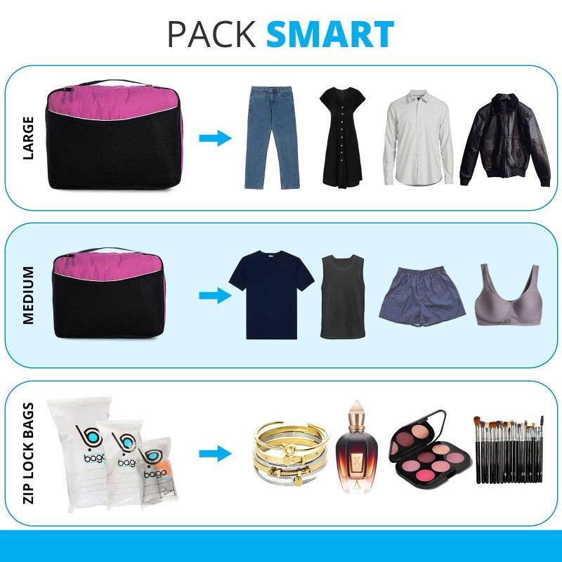 bago 7 Pcs Packing Cubes for Suitcases - 4 Travel Cubes with 3 ZipLock Bags - Luggage Organizer Bags to Get Maximum Storage, Save Time & Effort to Pack - Happy Traveling (Pink) - Image 4